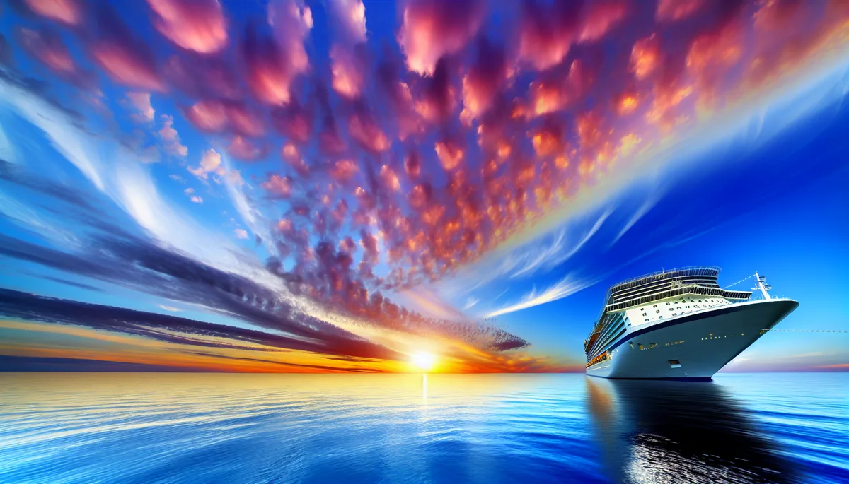 Elegant cruise ship sailing on calm ocean waters during a dramatic sunset with colorful sky reflecting on the water