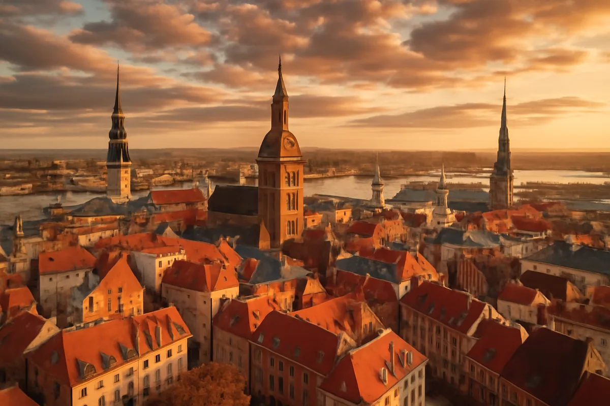 Aerial panoramic view of Riga's historic old town skyline with medieval spires and red rooftops along the Daugava River at golden hour