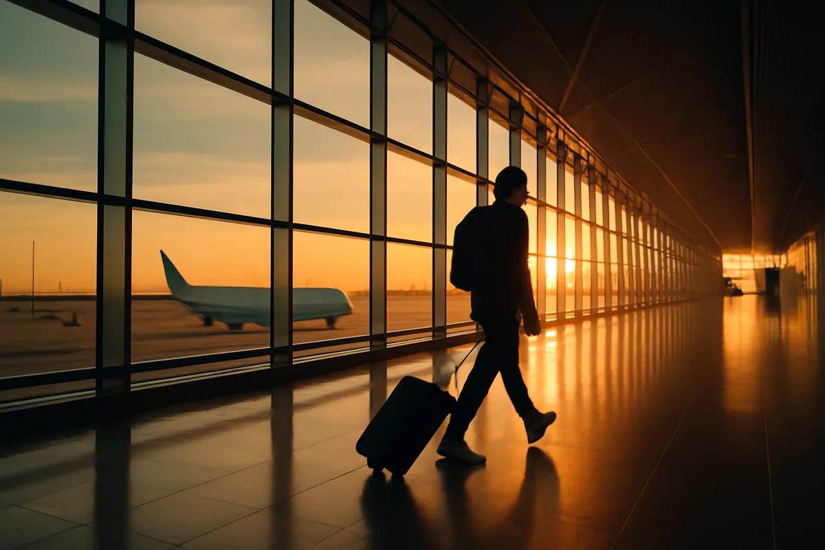 A silhouetted traveler walking through a bright, modern airport terminal with large glass windows and planes visible outside at golden hour
