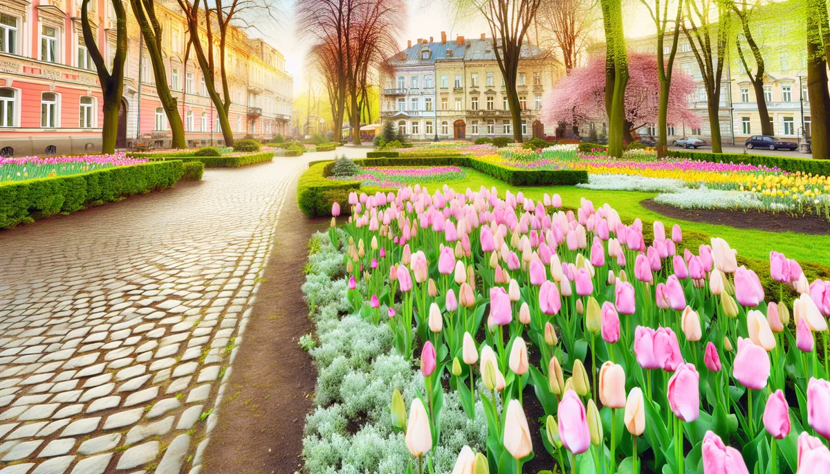 Spring flowers blooming in a European city park with historic buildings in the background, captured in soft morning light