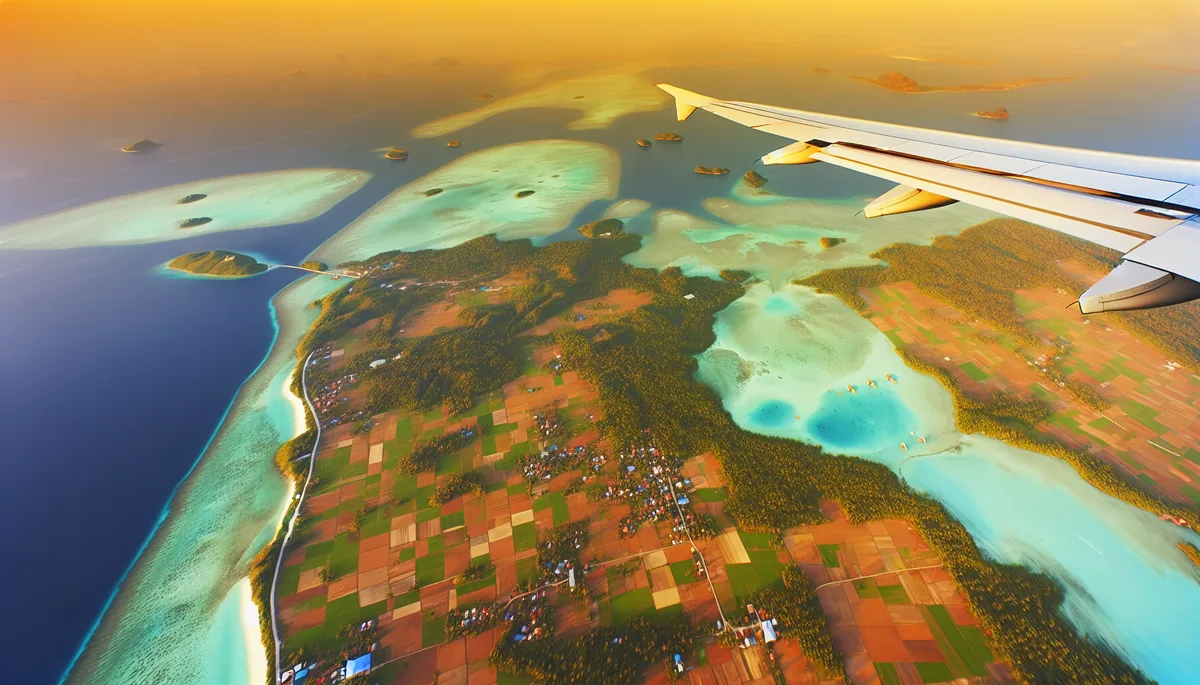 Aerial view from airplane window showing diverse landscapes during international travel, symbolizing connectivity across different destinations