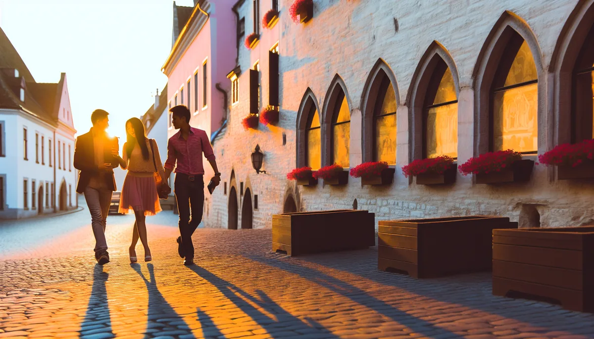 Romantic couple silhouettes walking hand in hand down a charming European cobblestone street at golden hour with historic architecture