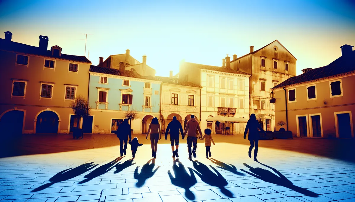 Family of four walking together through a picturesque European town square with historic buildings, captured during golden hour