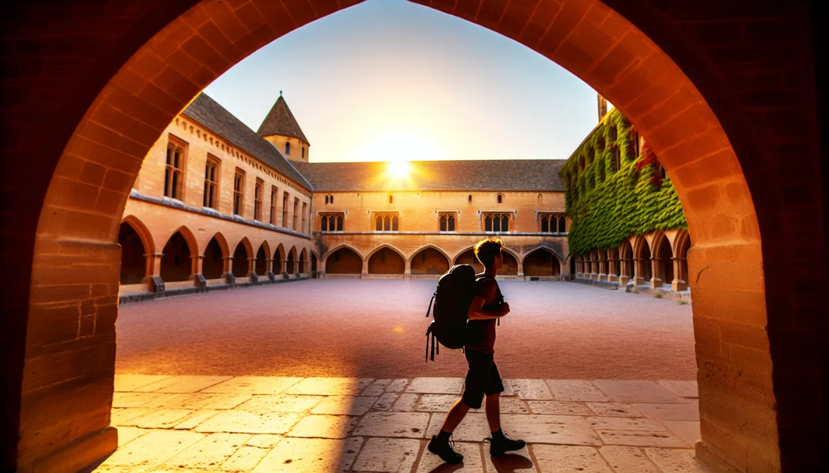Silhouette of a student backpacker walking through a historic European university courtyard with Gothic stone architecture during golden hour