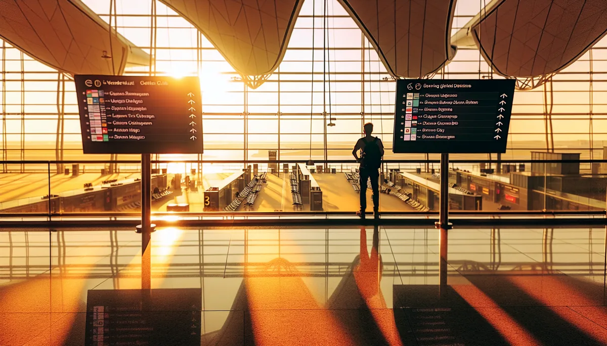 Silhouette of a traveler at an international airport terminal with departure gates and modern architecture bathed in golden sunlight