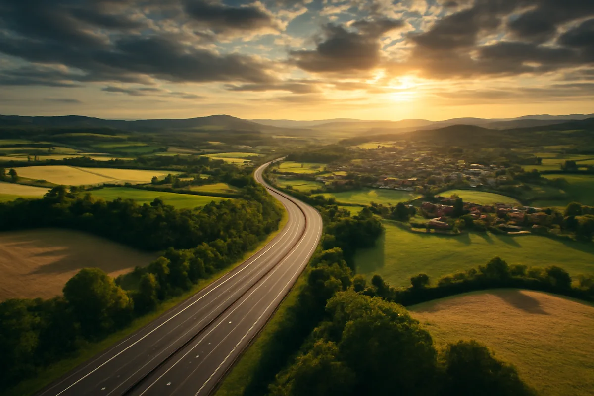 Aerial view of a scenic European countryside highway winding through green rolling hills and small villages during golden hour