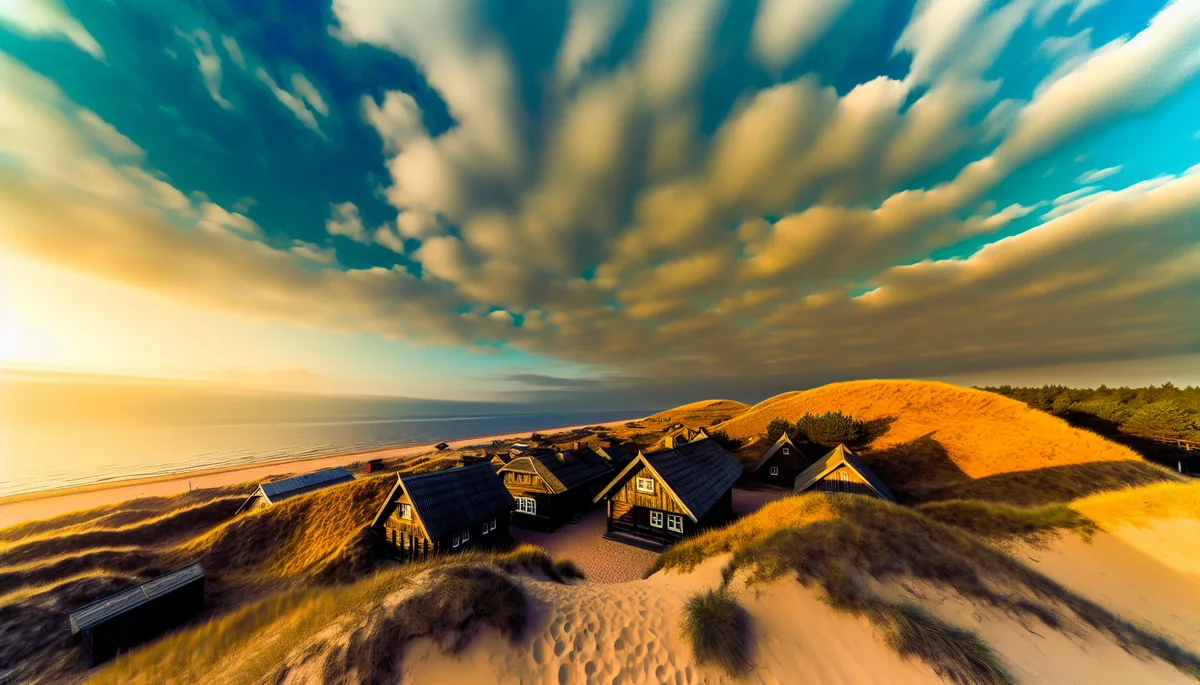 Scenic view of Lithuanian Baltic coastline with traditional wooden houses under dramatic golden hour sky
