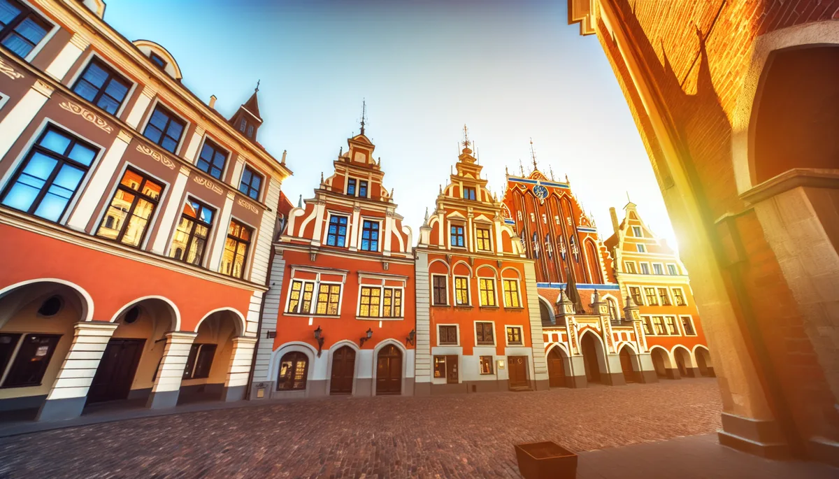 Historic medieval square in Riga, Latvia with colorful traditional buildings and cobblestone streets under warm afternoon light