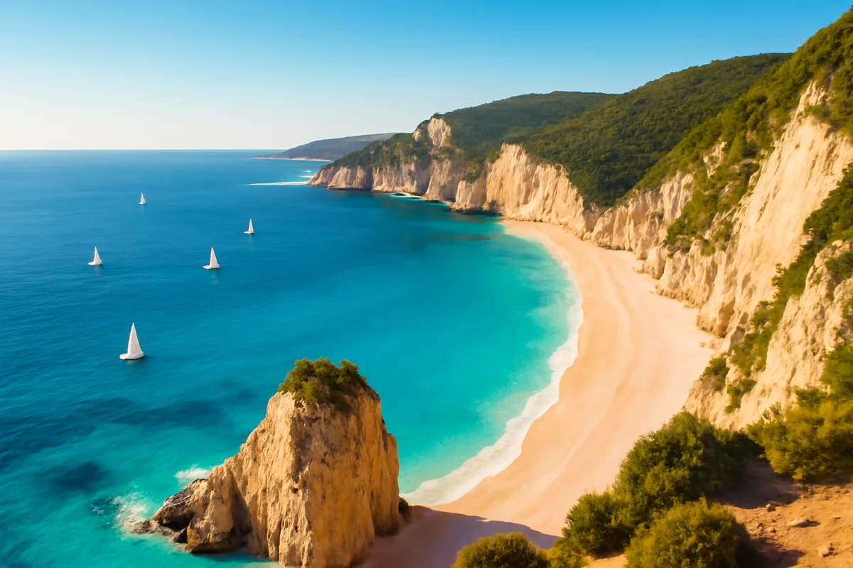Aerial view of a stunning Mediterranean coastline with turquoise waters, white sandy beaches, sailboats, and dramatic cliffs under warm summer sunlight