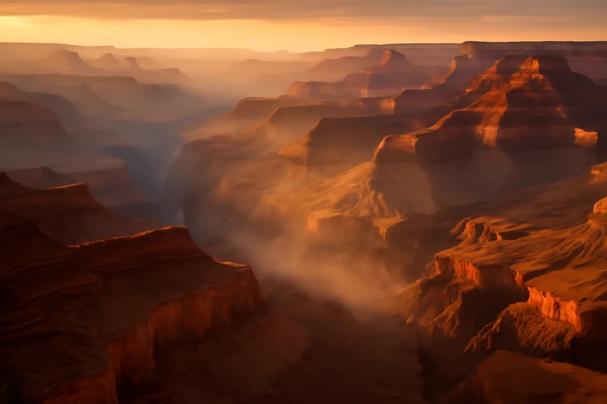 Aerial panoramic view of the Grand Canyon at sunset, with dramatic red and orange layered rock formations illuminated by warm golden hour light