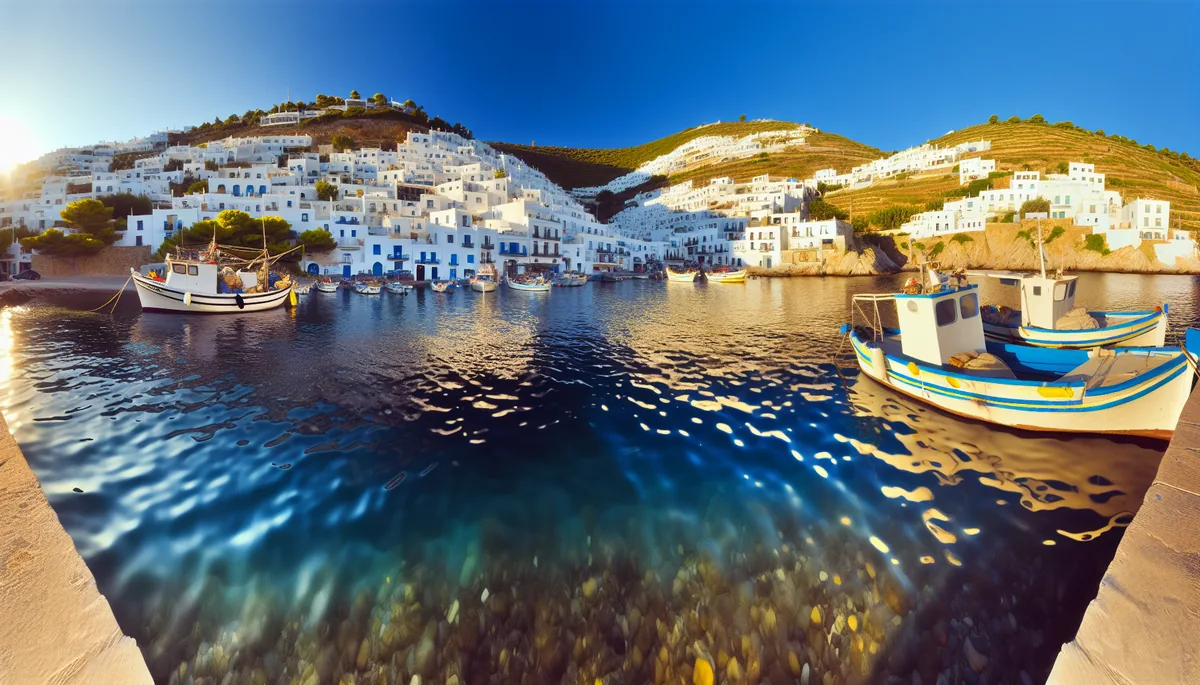 Picturesque Mediterranean coastal village with white buildings overlooking turquoise waters and traditional boats in the harbor during golden hour