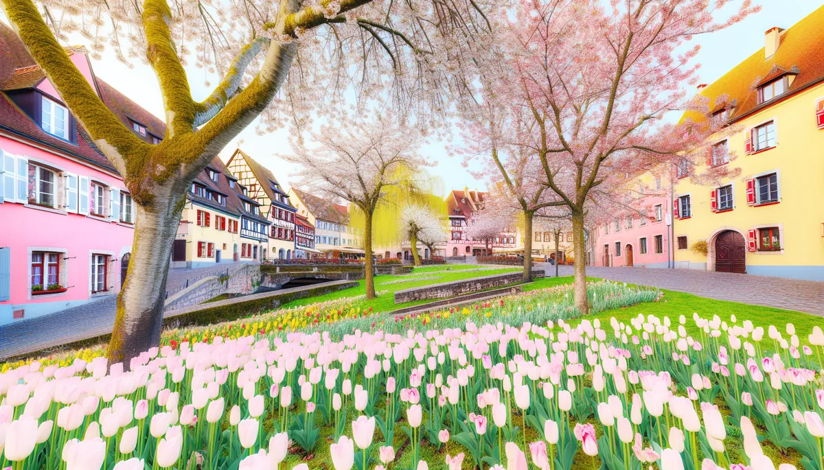 Beautiful European town square in spring with blooming flowers, historic architecture, and soft morning light creating a peaceful travel destination scene
