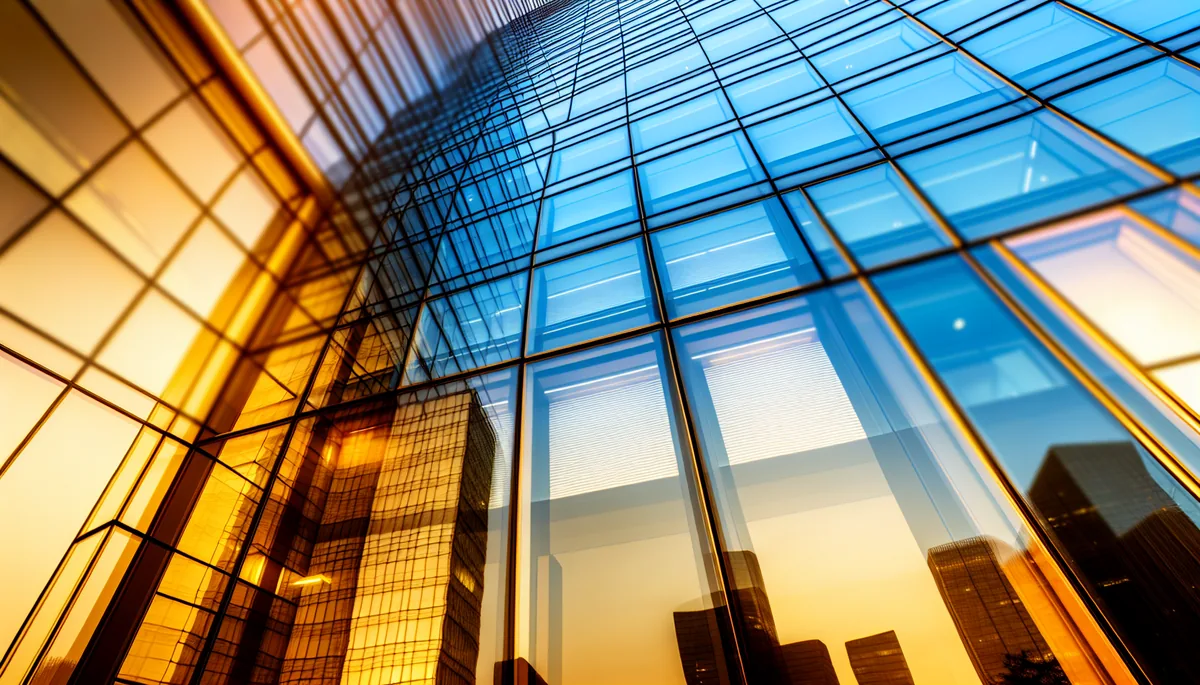 Modern glass office building with city skyline reflection during golden hour, representing professional business travel and corporate productivity