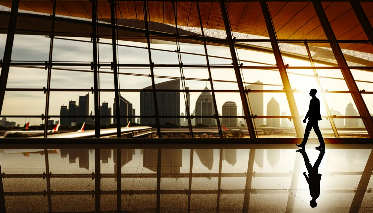 Silhouette of a business traveler walking through a modern airport terminal with large windows showing city skyline in golden hour lighting