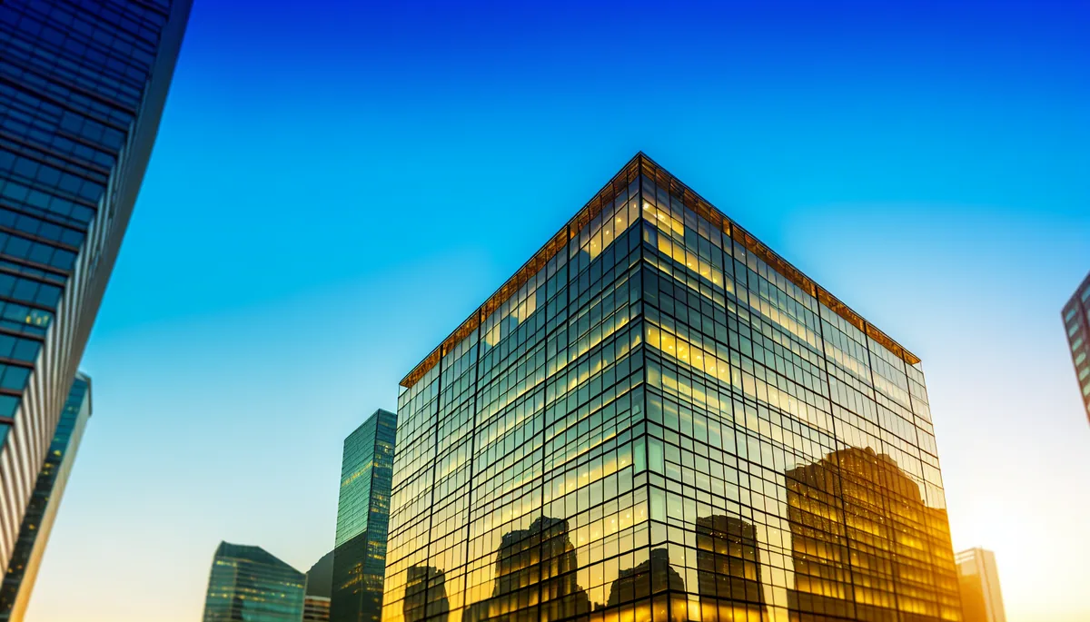 Modern glass office building in a business district during golden hour, with city skyline reflections and geometric architecture