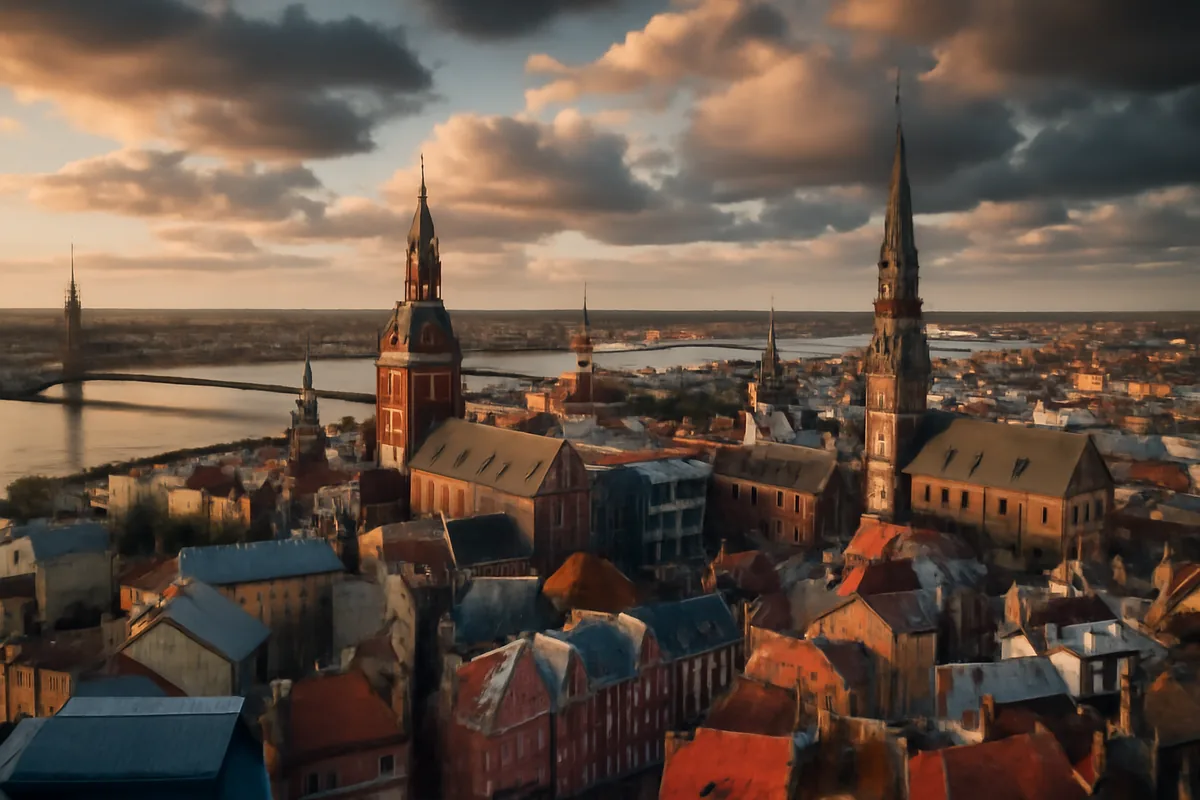 Aerial panoramic view of Riga's historic old town with terracotta rooftops, Gothic church spires, and the Daugava river reflecting warm golden sunset light