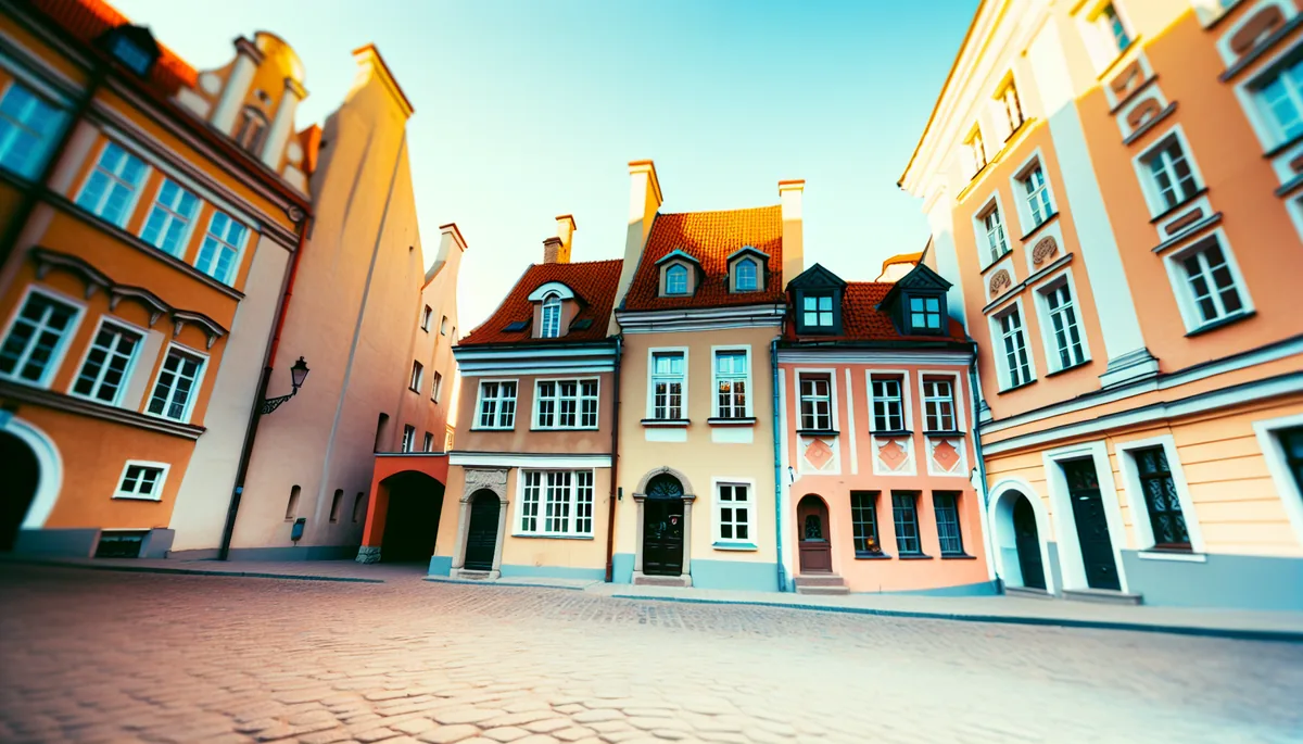 European old town street with colorful historic buildings and cobblestone pavement during golden hour