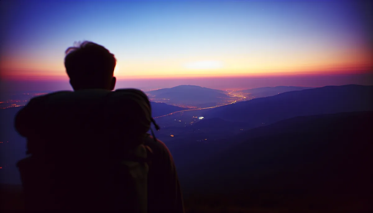 Silhouette of a traveler standing at a scenic European mountain viewpoint overlooking rolling hills and distant cities during golden hour