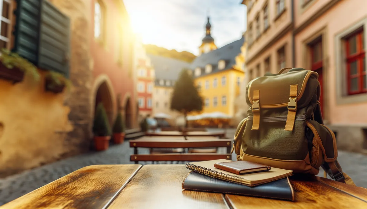 A traveler's backpack and notebook on a wooden café table with European cobblestone streets and historic architecture in the background