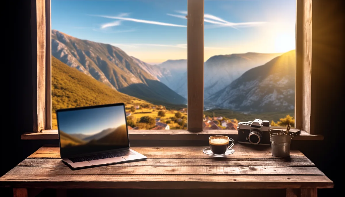 A serene workspace with a closed laptop and coffee cup on a wooden desk, overlooking a beautiful mountain valley through a large window during golden hour
