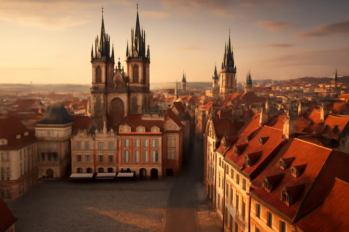 Panoramic view of a historic European city with Gothic cathedral spires, medieval buildings, and cobblestone squares bathed in golden hour sunlight