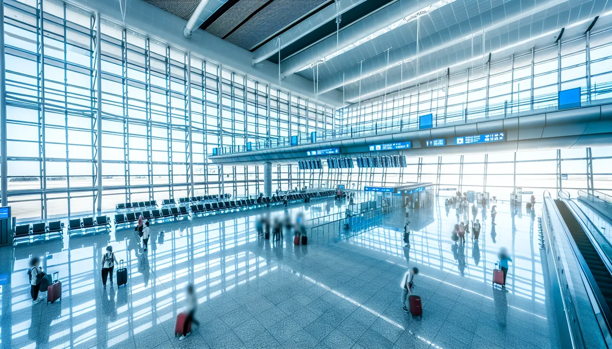 Modern airport terminal interior with travelers walking through a bright, spacious departure area with large windows and contemporary architecture
