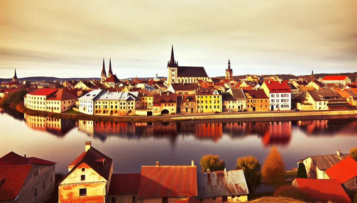 Panoramic view of Riga's historic Old Town with medieval architecture, church spires, and the Daugava River at golden hour