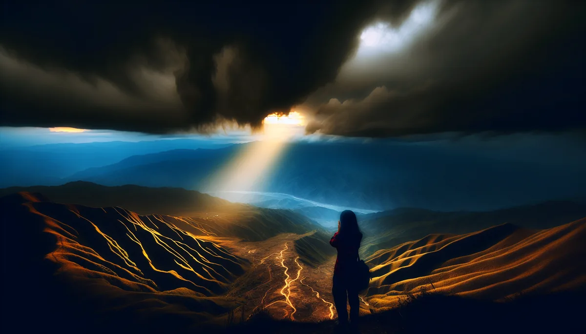 Silhouette of a traveler standing on a mountain overlook with dramatic stormy skies and golden sunlight breaking through dark clouds