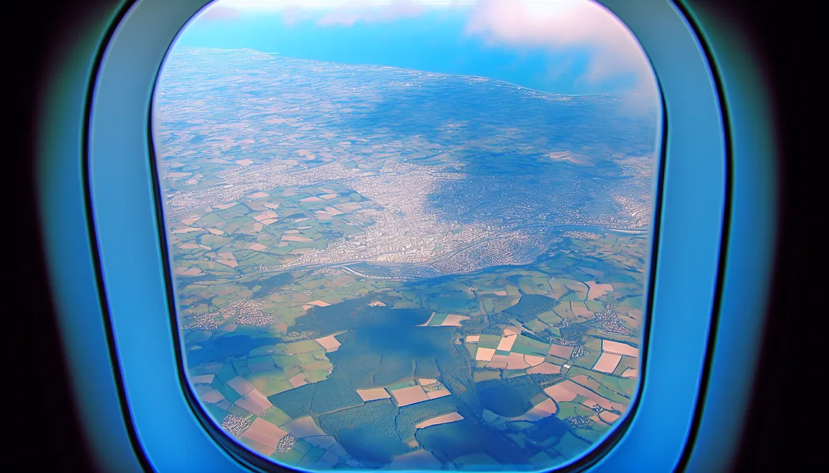 Aerial view from airplane window showing diverse European landscapes with cities, forests, and coastlines below during daytime flight