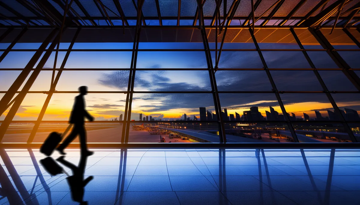 Silhouette of a business traveler walking through a modern airport terminal with city skyline visible through large windows at dusk