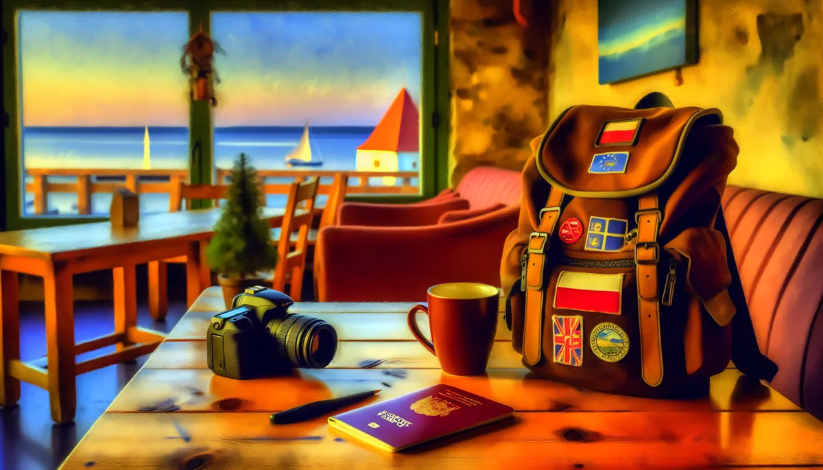 A traveler's backpack and passport on a wooden table at a seaside cafe overlooking the Baltic Sea coast