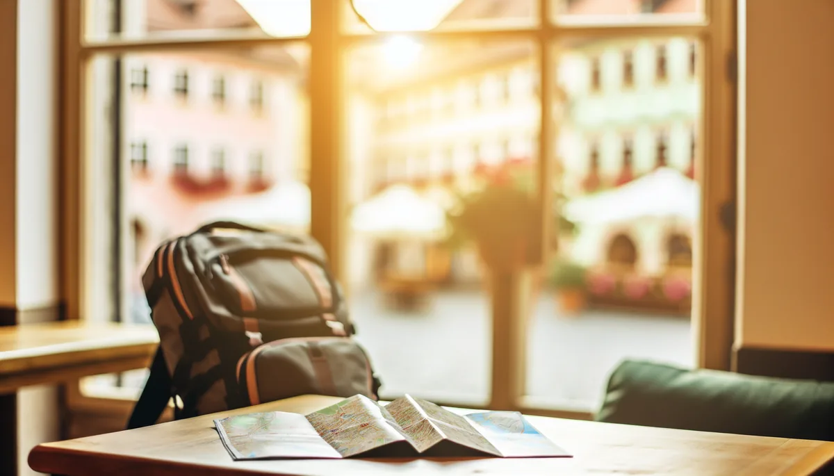 A traveler's backpack and folded map on a wooden table by a window overlooking a charming European city square with warm afternoon lighting