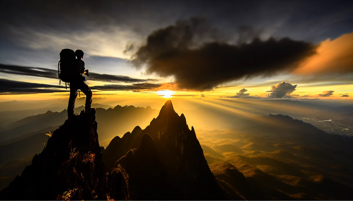 Silhouette of a traveler with backpack standing on a mountain peak at sunset, overlooking a vast landscape with dramatic golden lighting
