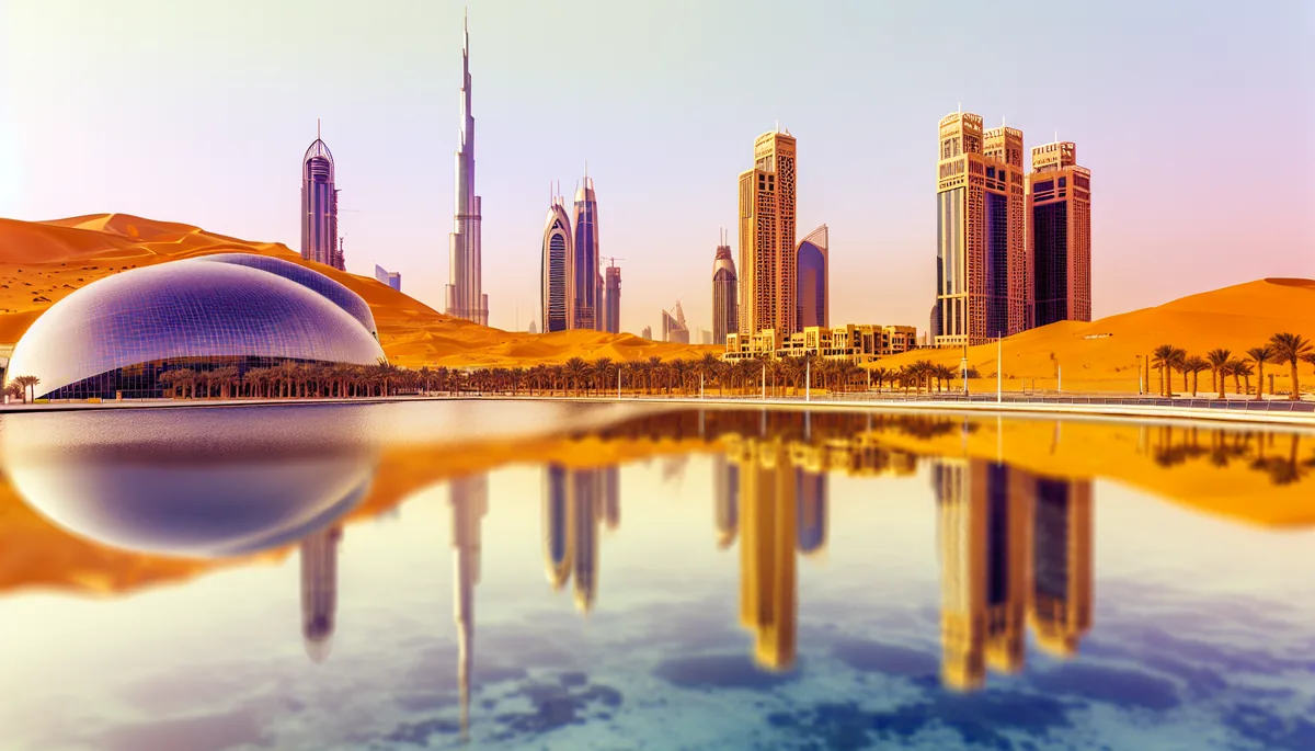 Dubai skyline at sunset featuring the Burj Khalifa and modern skyscrapers with golden desert dunes in the background