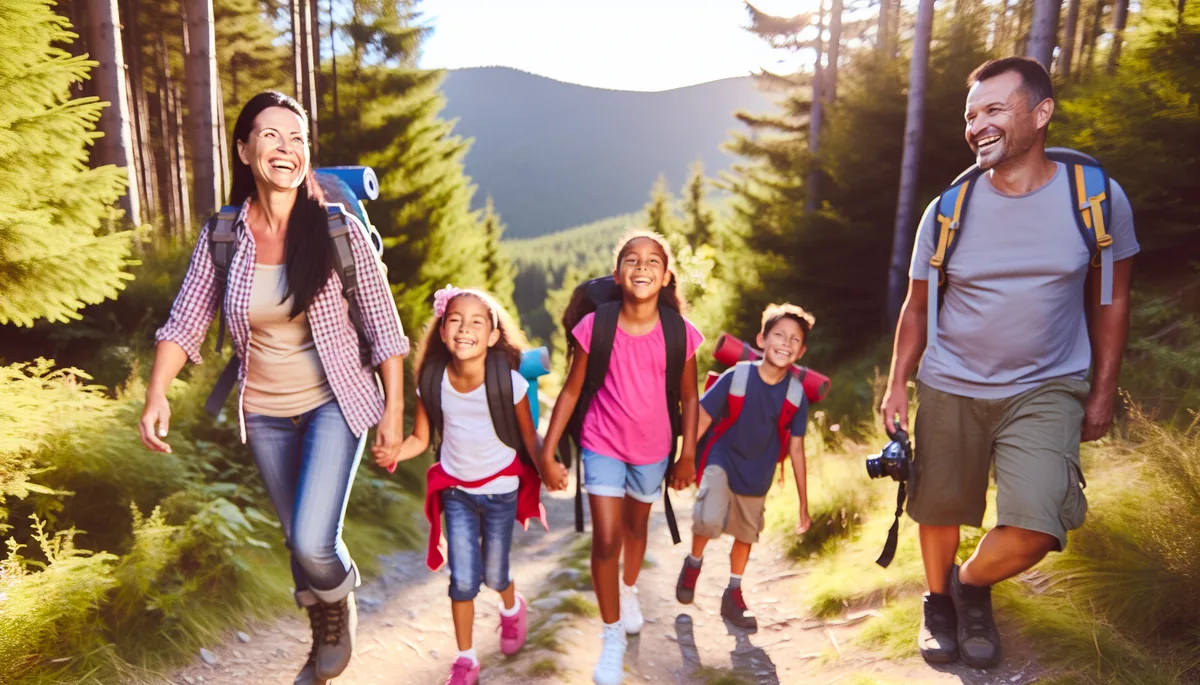 Family with children hiking together on a scenic mountain trail surrounded by lush green forest during golden hour