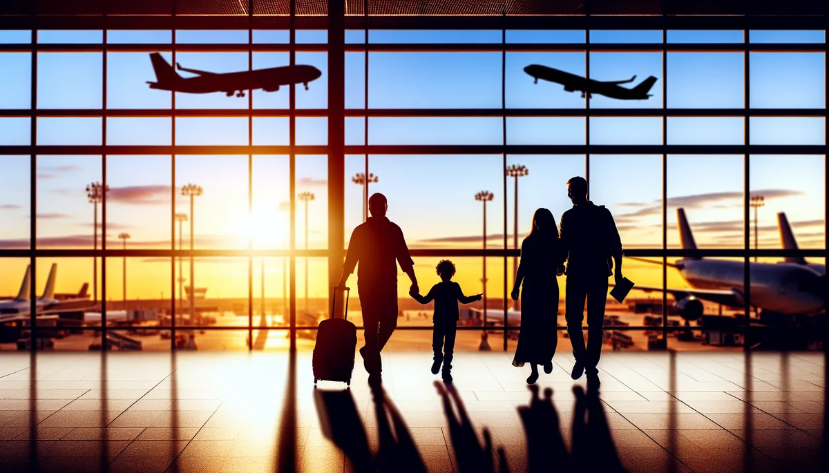 Family silhouettes walking through a bright airport terminal with planes visible through large windows at sunset