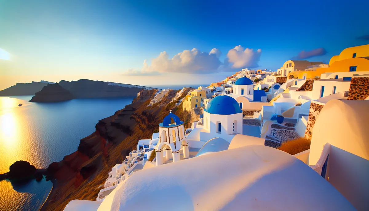 Stunning view of Santorini's famous white buildings with blue domes perched on clifftops overlooking the deep blue Aegean Sea during golden hour