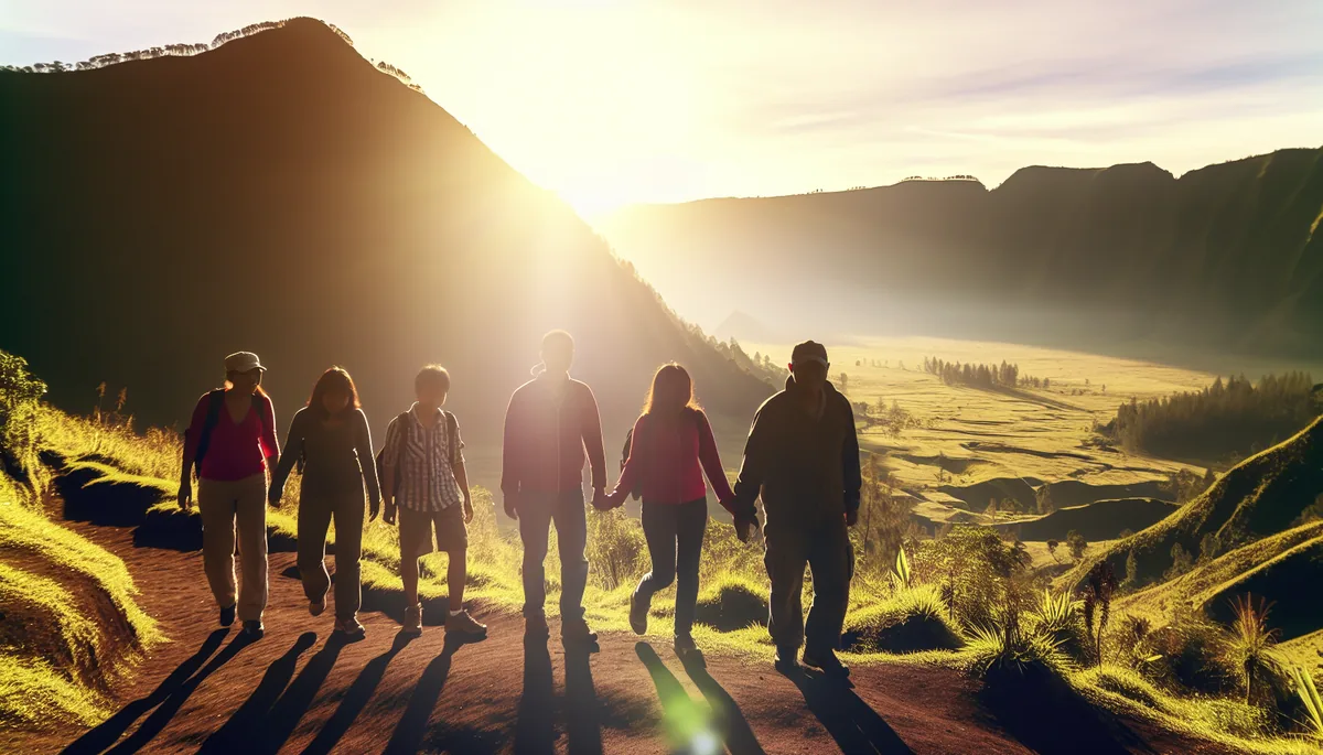 Family silhouettes walking together on a mountain trail with scenic valley views in golden hour lighting