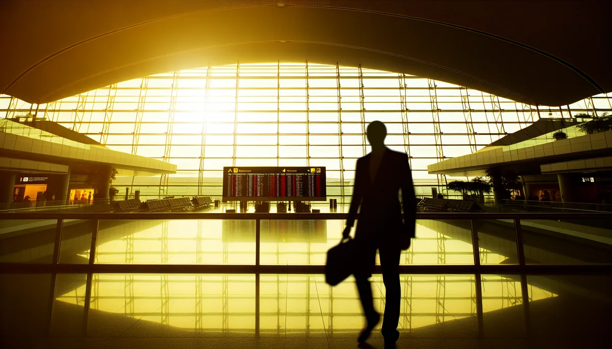 Silhouette of a traveler walking through a modern airport terminal with large windows and departure gates in the background