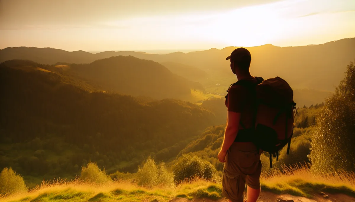 Silhouette of a traveler with backpack overlooking scenic Latvian countryside at golden hour