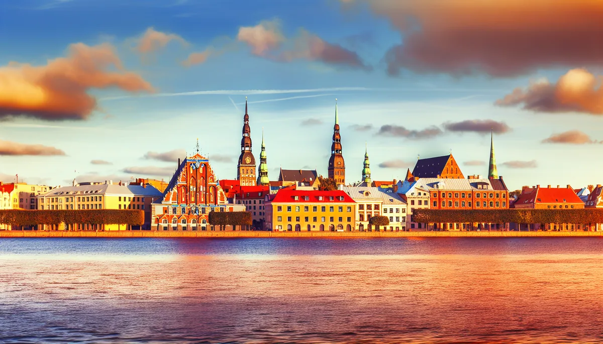 Panoramic view of Riga's historic Old Town featuring colorful medieval buildings, church spires, and the Daugava River during golden hour