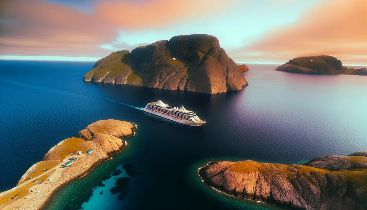A luxury cruise ship sailing through deep blue ocean waters with dramatic coastal landscapes and golden sunset lighting