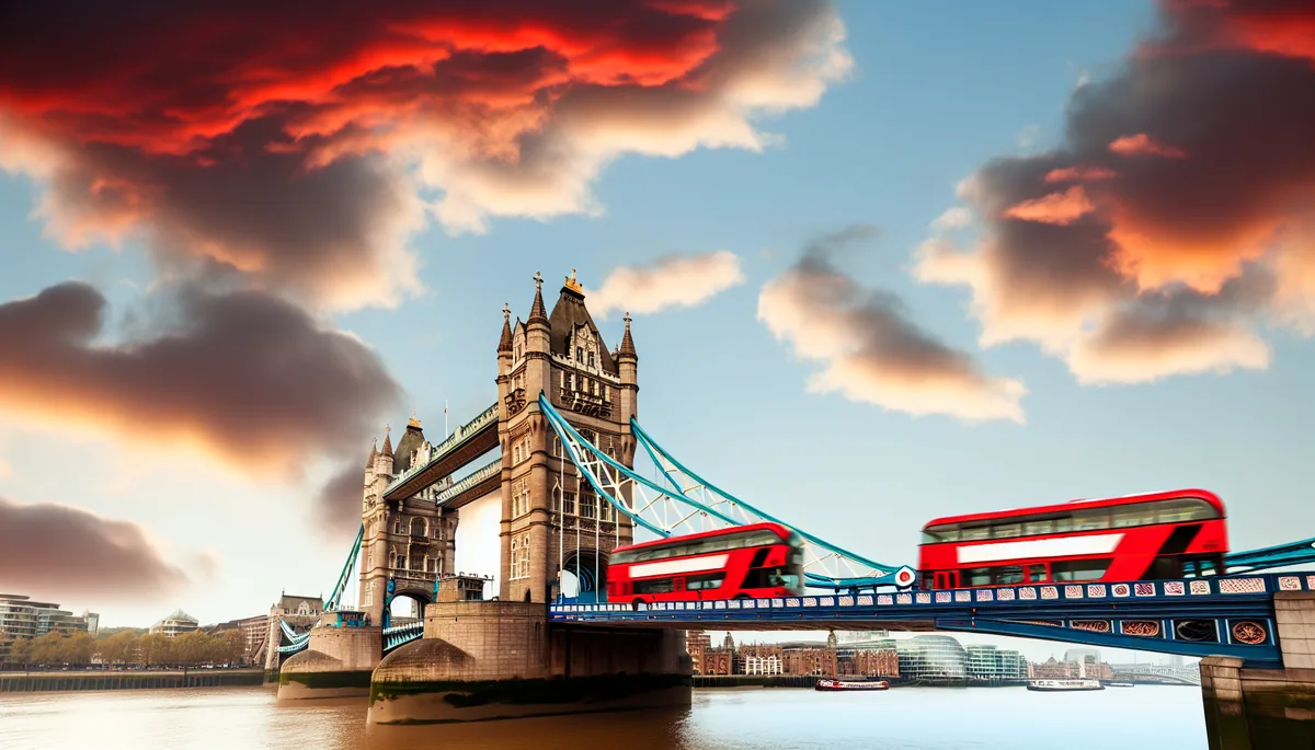 Scenic view of London's Tower Bridge spanning the Thames River with red double-decker buses, captured during golden hour with dramatic cloudy skies