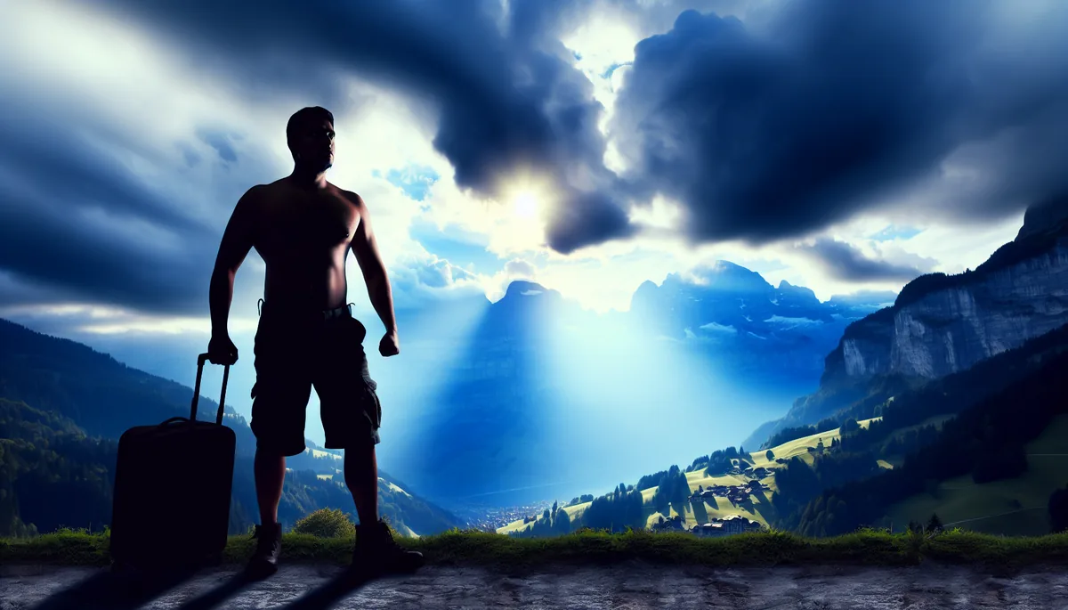 Silhouette of a traveler standing alone at a mountain viewpoint under a dramatic cloudy sky, representing the challenge of connectivity issues while traveling