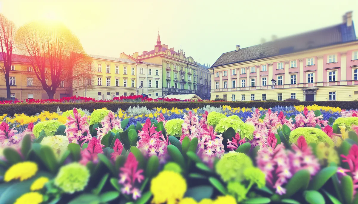 Spring flowers blooming in a charming European city square with historic buildings and cobblestone streets bathed in soft morning light