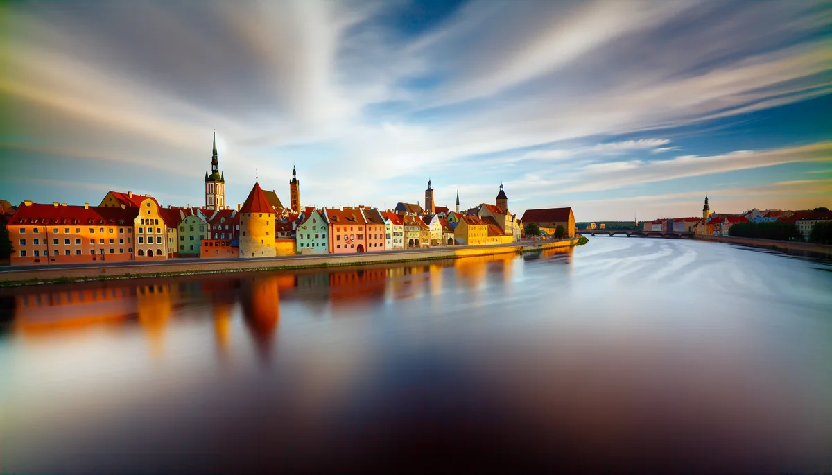 Panoramic view of Riga's historic Old Town with colorful medieval buildings, church spires, and the Daugava River during golden hour