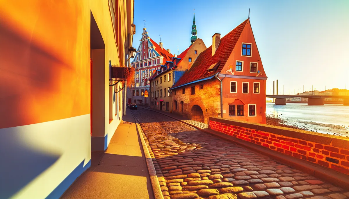 Panoramic view of Riga's historic Old Town featuring colorful medieval buildings, cobblestone streets, and the Daugava River during golden hour
