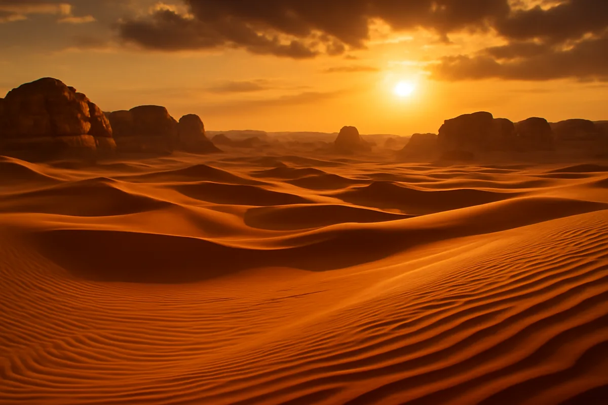 Sweeping golden sand dunes and ancient rock formations in the Saudi Arabian desert at sunset, with warm amber light illuminating the vast landscape
