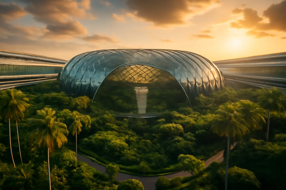 Aerial view of Singapore Changi Airport's iconic glass terminal surrounded by tropical gardens bathed in golden hour light
