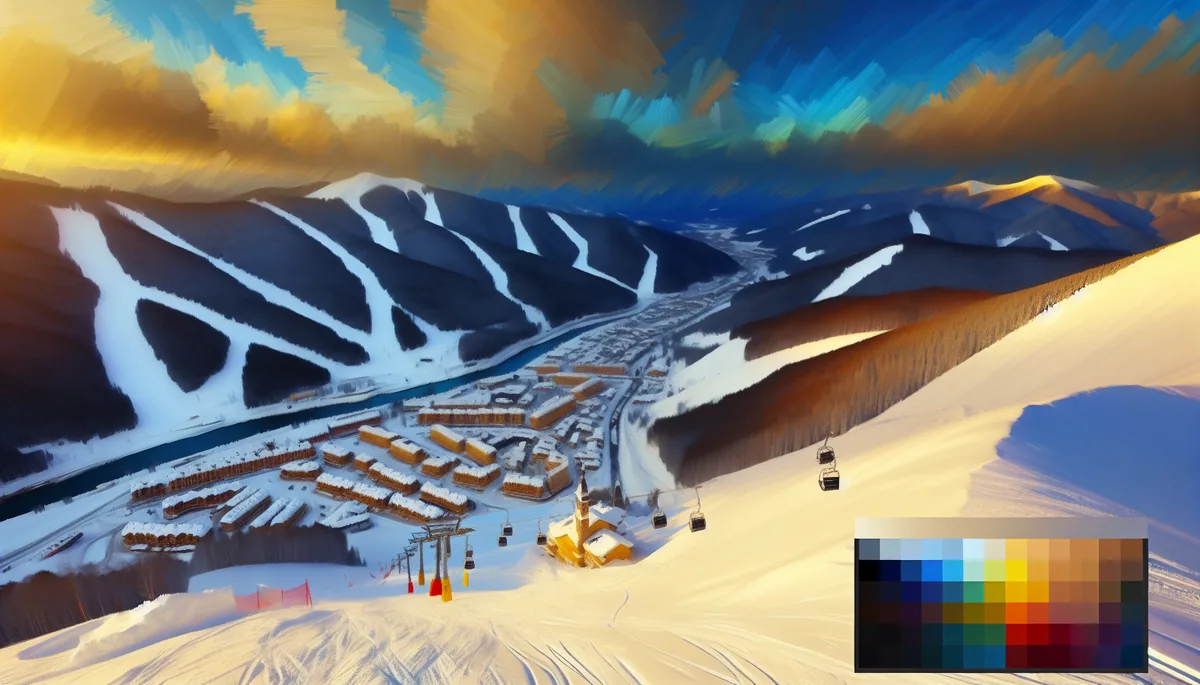 Breathtaking winter mountain landscape showing snow-covered peaks and ski slopes with an alpine resort village in the valley, captured in golden morning light